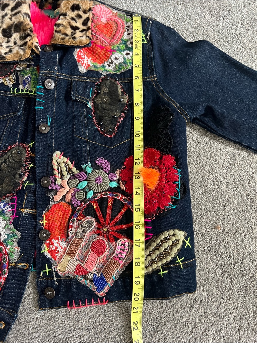 Antica Santoria Embroidered Denim Jacket with Fuschia and Leopard Trim - Picture 13 of 15